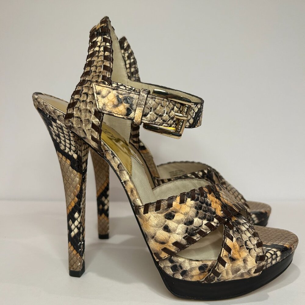 MICHAEL Michael Kors "The Jet Set 6" Odessa Sandal Leather Snakeskin Heels Sz 9